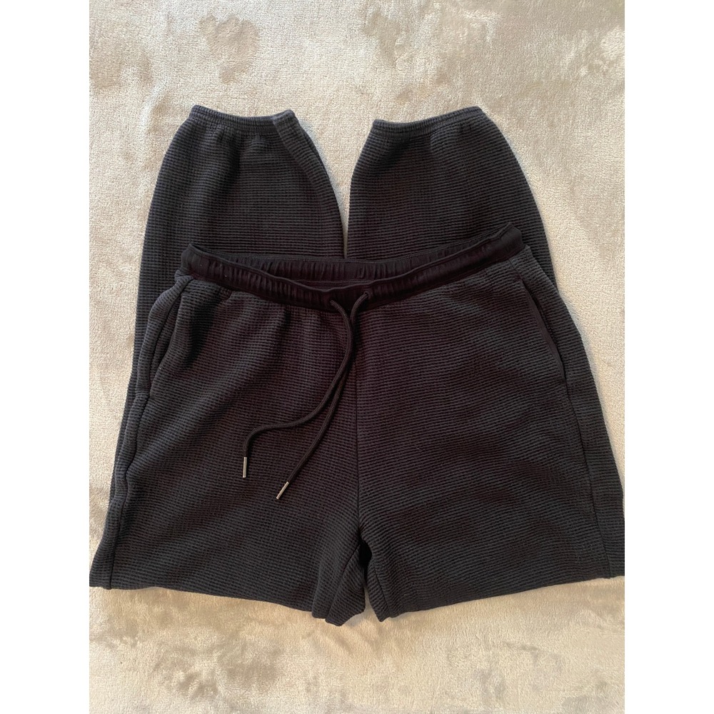 Athleta Joggers Sz M Black Waffle Knit Drawstring Pockets Relaxed Lounge Cozy
